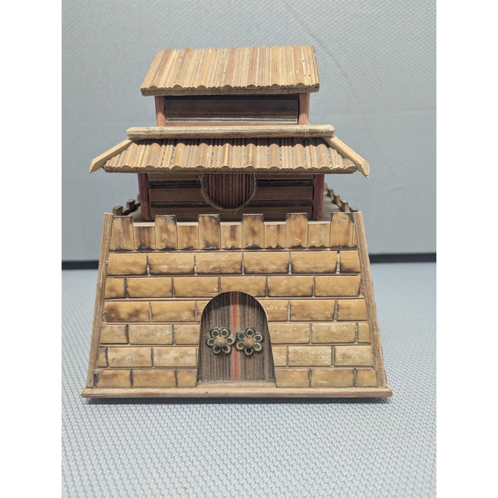 Vintage Japanese Castle Wooden Pagoda Coin Bank Bamboo Style Decor Handcrafted
